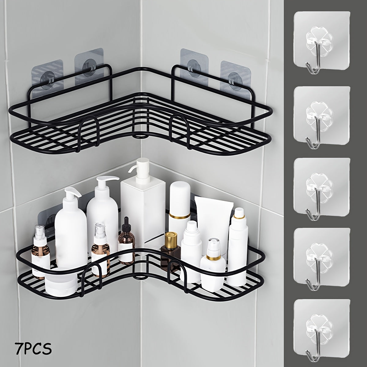 Wall-Mounted Corner Bathroom Storage Rack Set 7-Piece No-Drill Triangular Shelf with 5 Transparent Hooks, Space-Saving Bathroom Organizer for Shower, Toilet & Kitchen – White & Black