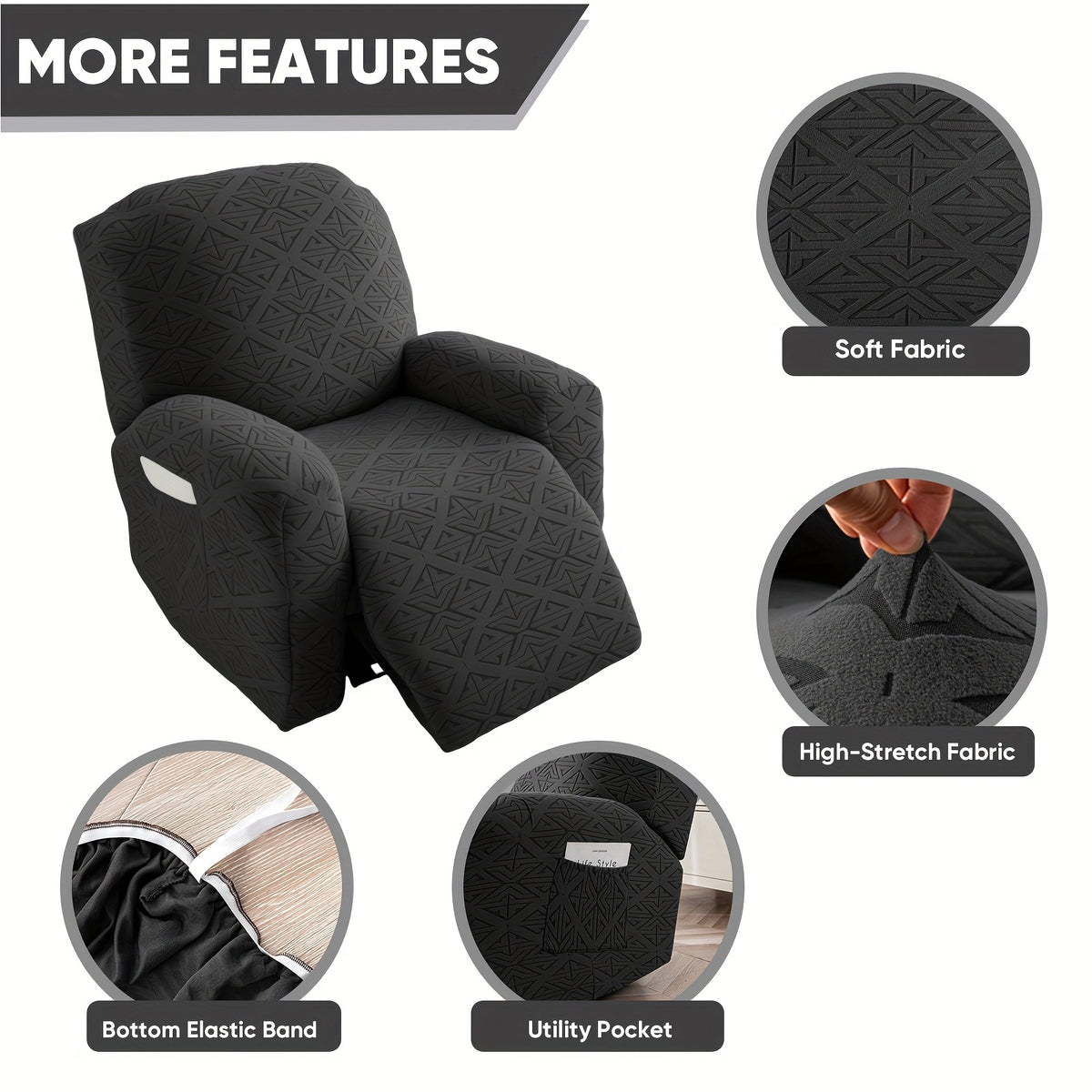 Stretch Recliner Chair Covers 4-Piece Set Non-Slip Elastic Bottom Slipcovers for Reclining Chair – 92% Polyester Polar Fleece Furniture Protector for Living Room Pet Scratch Stain Protection