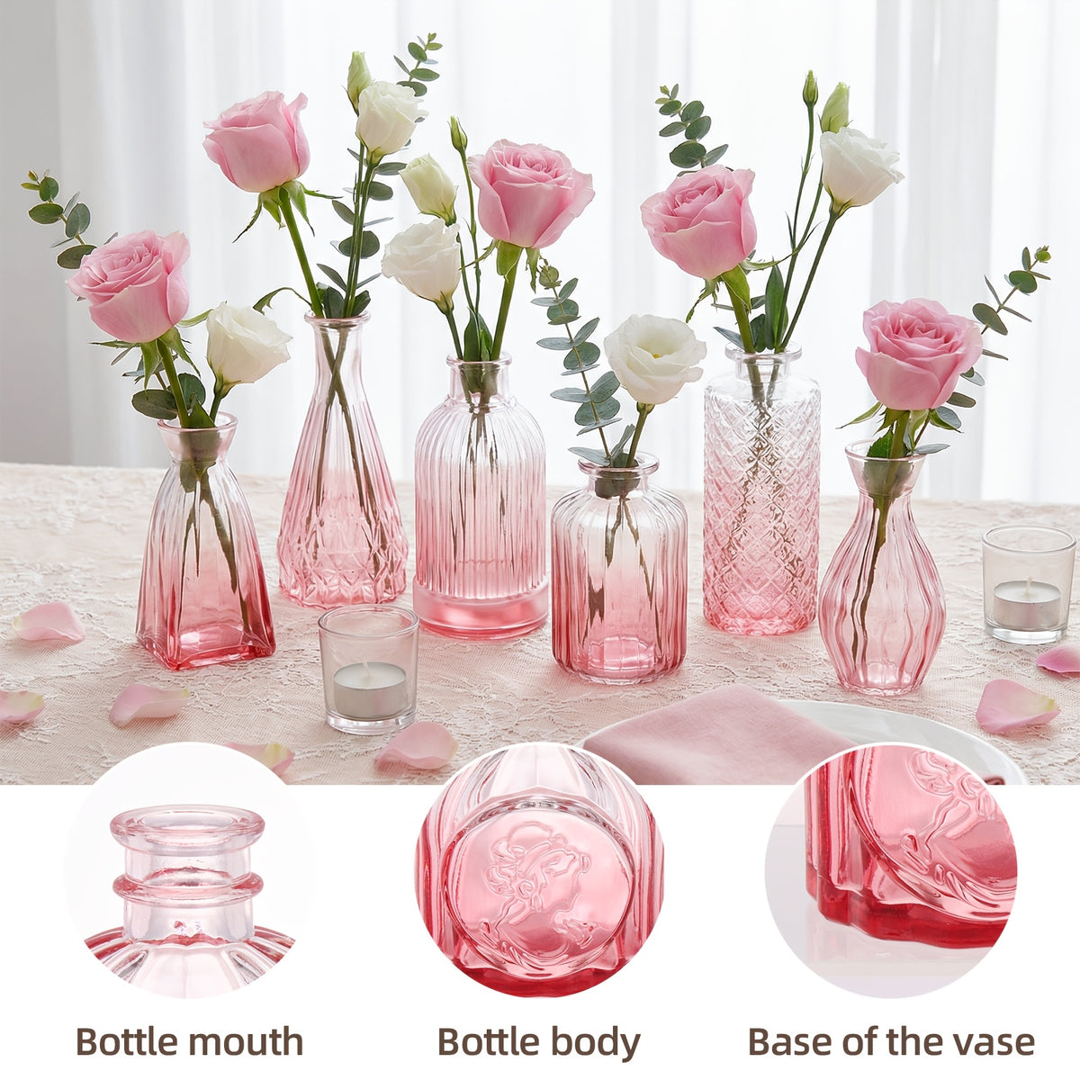 Pink Teardrop Glass Bud Vases 12/36pcs – Vintage Carved Glass Flower Vases for Wedding Decoration, Bridal Shower, Home Table Flower Arrangements & Party Favors