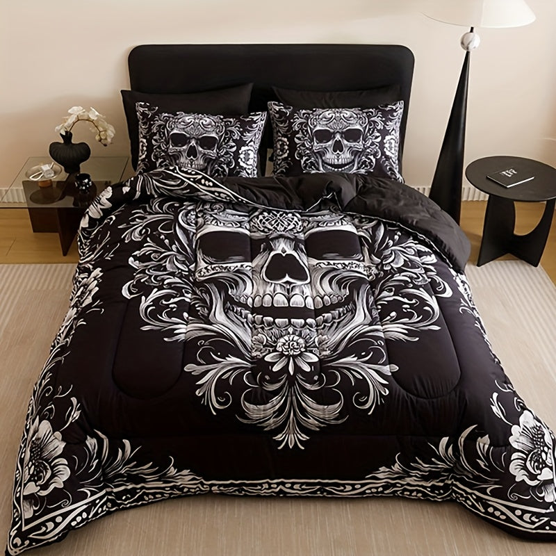 Skull Quilt Set 3 Pcs – Black & Gray Digital Print Comforter with 2 Pillowcases, 180GSM Soft Breathable Bedding for Twin Full Queen King Dorm & Bedroom Decor