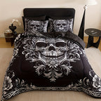 Skull Quilt Set 3 Pcs – Black & Gray Digital Print Comforter with 2 Pillowcases, 180GSM Soft Breathable Bedding for Twin Full Queen King Dorm & Bedroom Decor