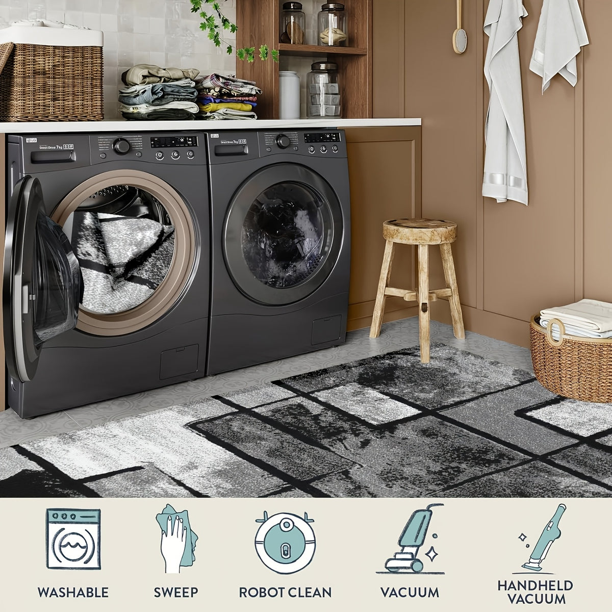 Luxury Velvet Area Rug Non-Slip Machine Washable, Geometric Print Fluffy Polyester Carpet for Living Room Bedroom Kitchen, 7 Sizes Available