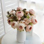 Faux Peonies and Hydrangeas Floral Centerpiece Vintage Rustic Pink Green Mix Artificial Flowers for Bridal Wedding Table Home Living Room Decor
