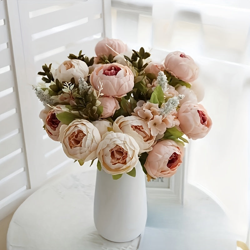 Faux Peonies and Hydrangeas Floral Centerpiece Vintage Rustic Pink Green Mix Artificial Flowers for Bridal Wedding Table Home Living Room Decor