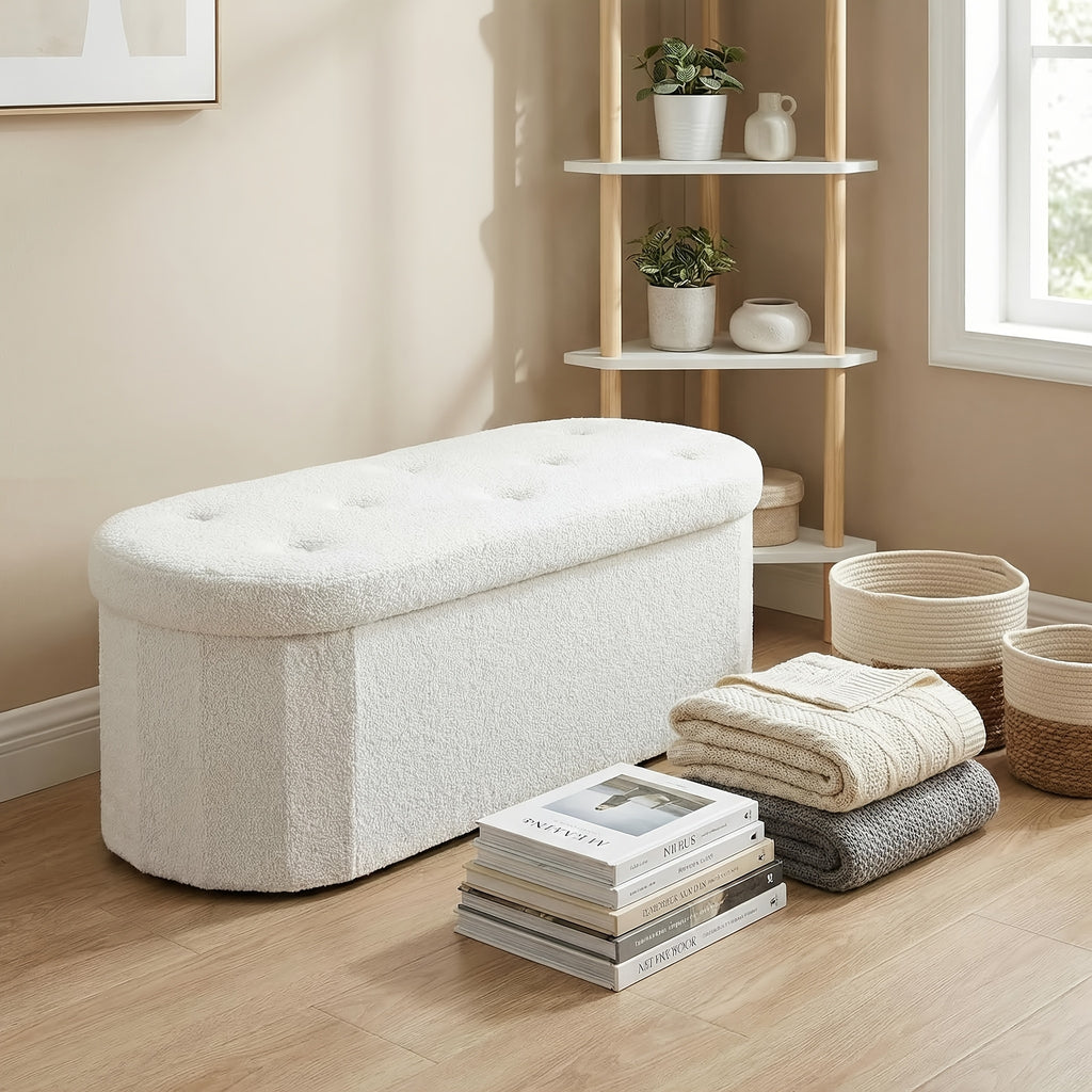 Folding Storage Ottoman Bench – Oval Round Cushioned Foot Stool with Storage Chest, 250 lb Capacity, 30" & 43", Black & White
