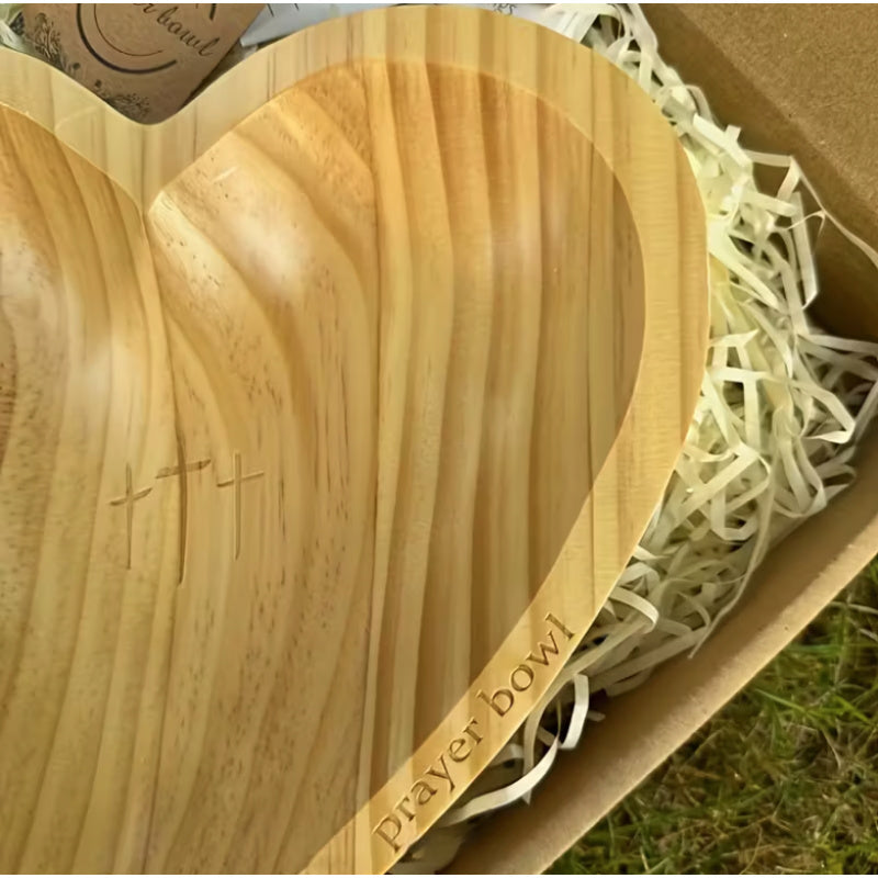 Wooden Heart Prayer Bowl & 30 Prayer Card Set Handcrafted Retro Decorative Bowl with Carved Cross – Christian Home Decor Easter Religious Gift for Prayer Room, Kitchen & Living Space