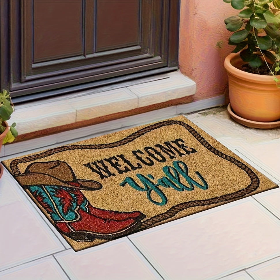 Cowboy Boots Western Flannel Floor Mat Non-Slip Water Absorbent Machine Washable, 20x31in Polyester Kitchen Bathroom Entryway Accent Mat