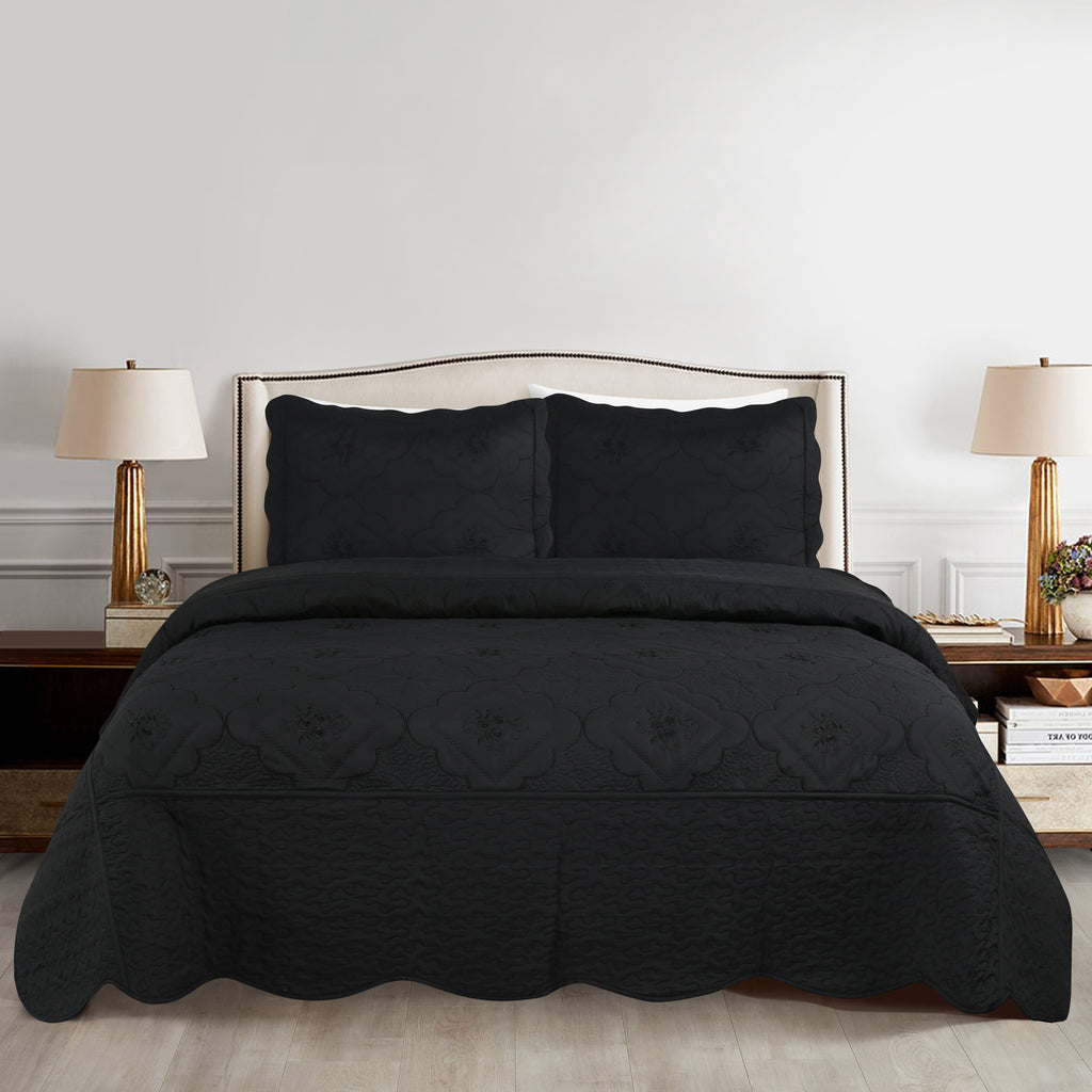 Quilted Embroidered Bedspread Set 3 Pcs – Floral Embroidery, 100% Polyester, Wrinkle-Resistant Lightweight Coverlet for Queen & King Bedroom Decor, 16 Colors