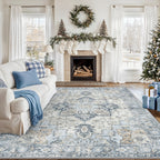 Vintage Retro Area Rug – Machine Washable Non-Slip Low Pile Chenille Print Carpet for Living Room, Bedroom, Dining Room & Home Office, Blue, Multiple Sizes