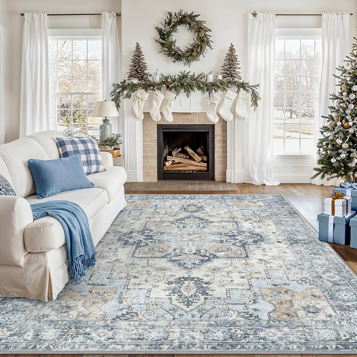 Vintage Retro Area Rug – Machine Washable Non-Slip Low Pile Chenille Print Carpet for Living Room, Bedroom, Dining Room & Home Office, Blue, Multiple Sizes