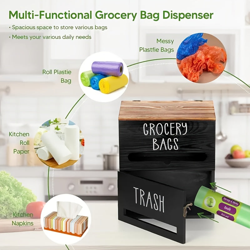 Wooden Trash Bag Dispenser Hanging Rack Under Sink Organizer for Garbage Bags Shopping Bags Tissues – Easy Install Space-Saving Kitchen Storage