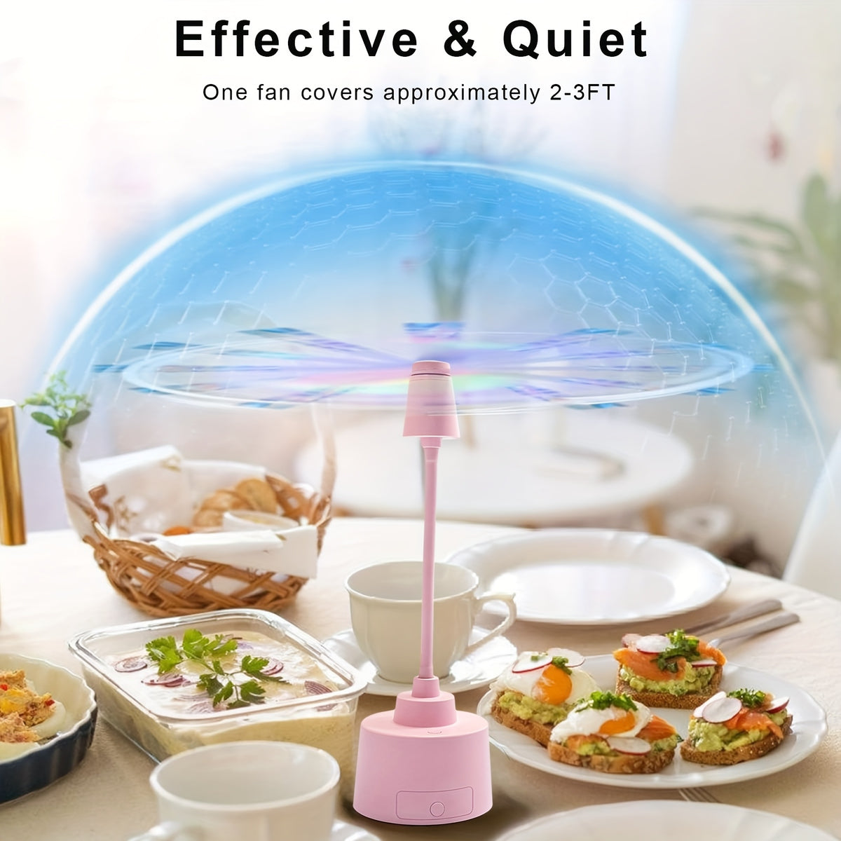 Food Guard Fly Repellent Fan 2-Pack Tabletop Holographic Blade Fly Fan with Ambient Light Battery Powered Foldable Portable for Picnic BBQ Party Camping Outdoor Indoor