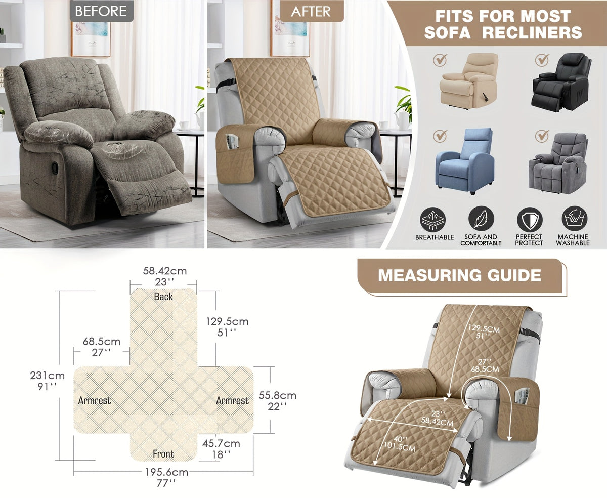 Waterproof Recliner Chair Cover with Pocket – 100% Non-Slip Washable Reclining Chair Slipcover with Adjustable Strap, Pet Friendly Furniture Protector for Dogs Cats, Living Room Home Decor, 1pc
