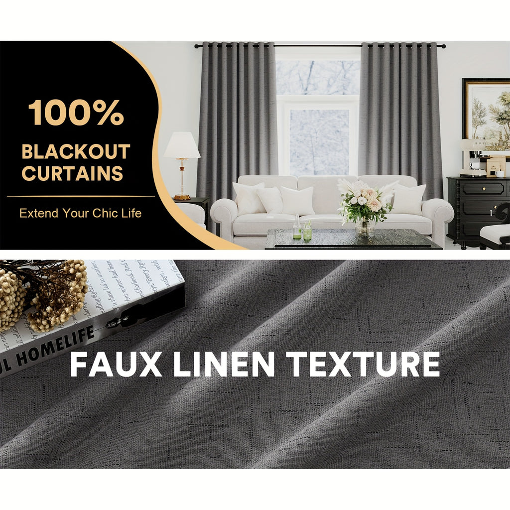 Linen Textured Blackout Curtains 4 Panels – 100% Room Darkening Thermal Insulated Grommet Drapes, Noise Reducing Window Curtains for Bedroom Living Room, 52W x 63/84/95 Inch