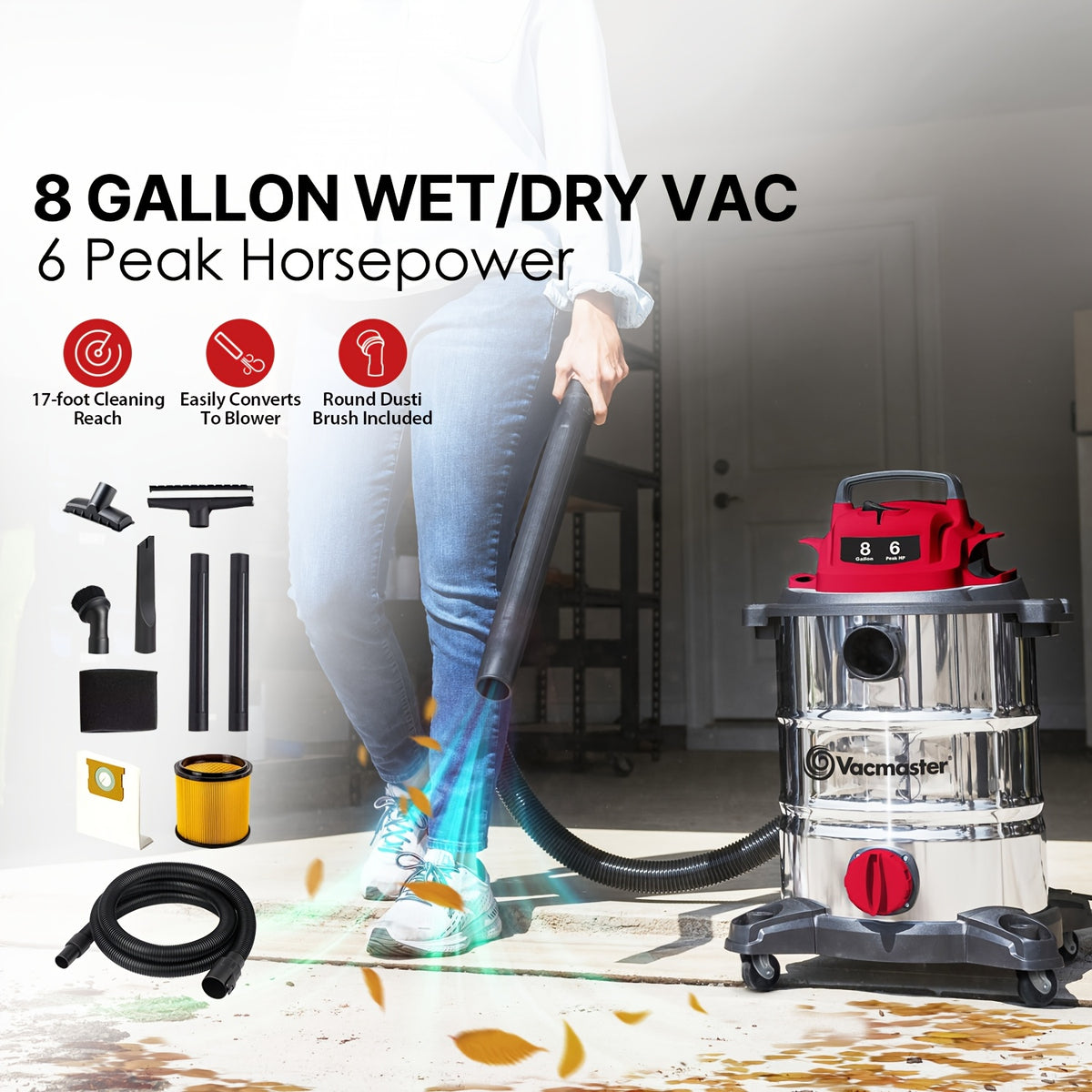 Wet Dry Shop Vac 5 & 8 Gallon – Premium Wet Dry Vacuum with Blower Function, 10ft Cord, 16KPa & 20KPa Suction for Dog Hair, Garage, Car, Home & Workshop