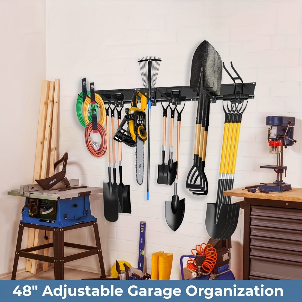 Wall Mount Garage Tool Organizer 48", Heavy Duty Steel Storage Rack with Swivel Lock Hooks, 420lbs Capacity, Holds Brooms, Shovels, Hoses & Garden Tools, Adjustable Pegboard Wall System for Garage & Shed