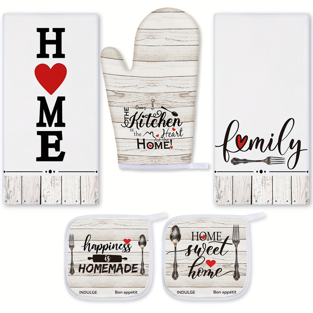 5-Piece Farmhouse Kitchen Set – 2 Vintage Wood Plank Dish Towels, 1 Oven Mitt & 2 Pot Holders for Cooking, Baking & Grilling, Rustic Kitchen Linen Gift Set for Holiday & Housewarming