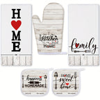 5-Piece Farmhouse Kitchen Set – 2 Vintage Wood Plank Dish Towels, 1 Oven Mitt & 2 Pot Holders for Cooking, Baking & Grilling, Rustic Kitchen Linen Gift Set for Holiday & Housewarming