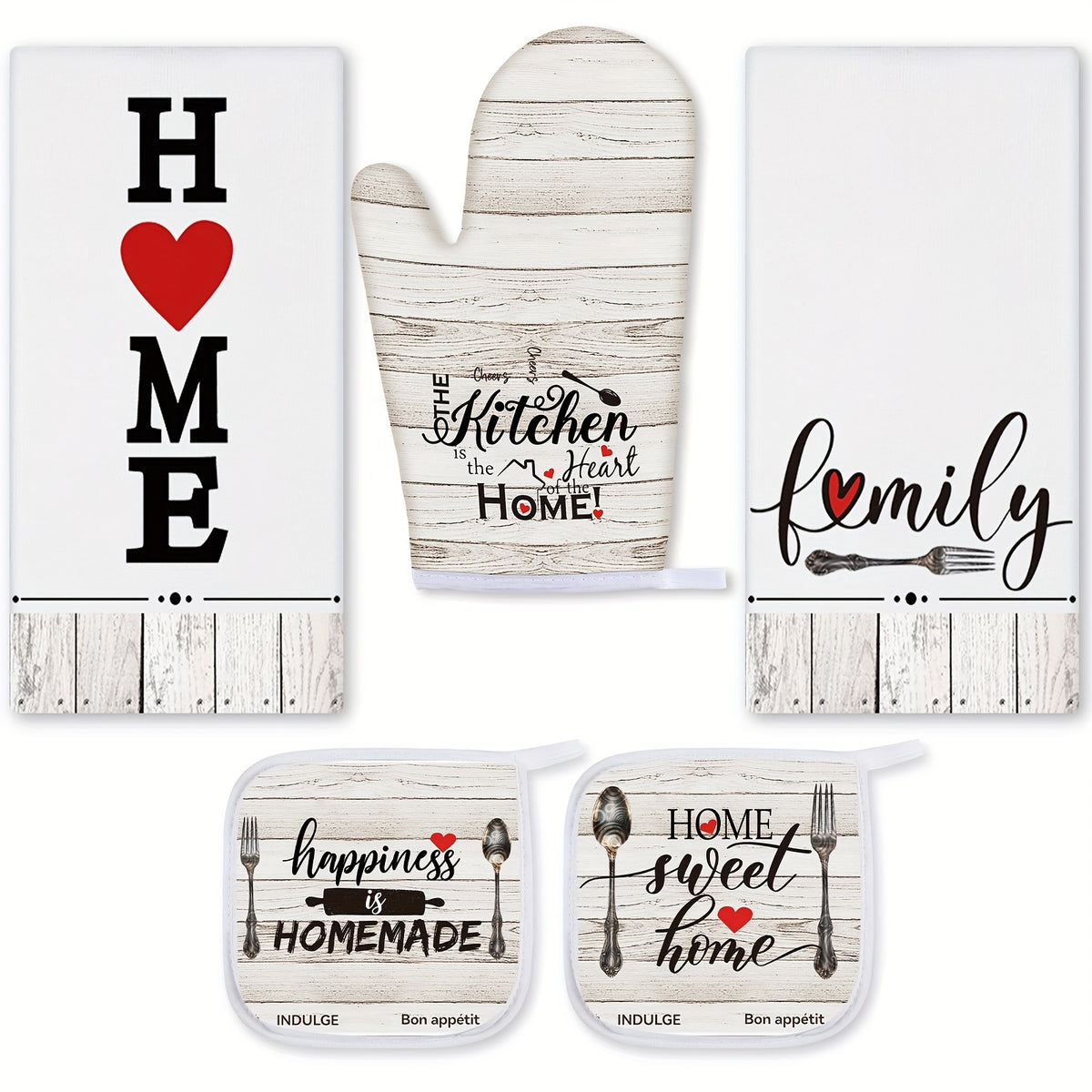 5-Piece Farmhouse Kitchen Set – 2 Vintage Wood Plank Dish Towels, 1 Oven Mitt & 2 Pot Holders for Cooking, Baking & Grilling, Rustic Kitchen Linen Gift Set for Holiday & Housewarming