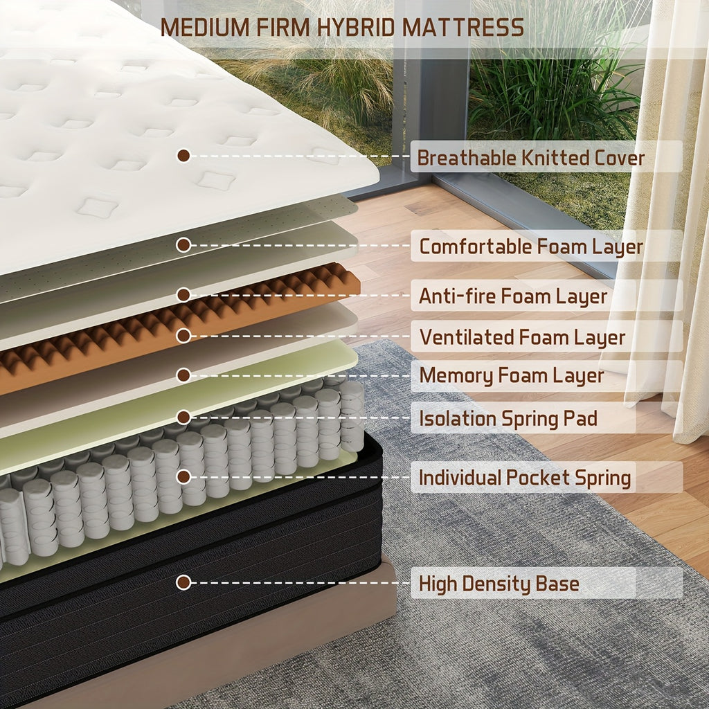 Hybrid Mattress Bed-in-a-Box | 10", 12" & 14" Pocket Spring + Memory Foam, Spinal Support, Fire-Resistant – Twin, Full, Queen, King