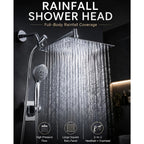 High Pressure Rainfall Shower Head & Handheld Combo 10/12 Inch Round or Square, 4-Spray Settings, 13-Inch Adjustable Arm, 78-Inch Hose & No-Drill Adhesive Holder – Chrome & Black
