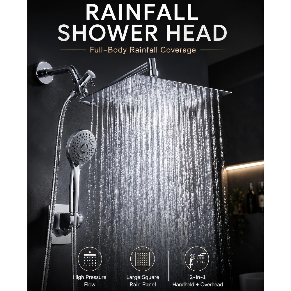 High Pressure Rainfall Shower Head & Handheld Combo 10/12 Inch Round or Square, 4-Spray Settings, 13-Inch Adjustable Arm, 78-Inch Hose & No-Drill Adhesive Holder – Chrome & Black