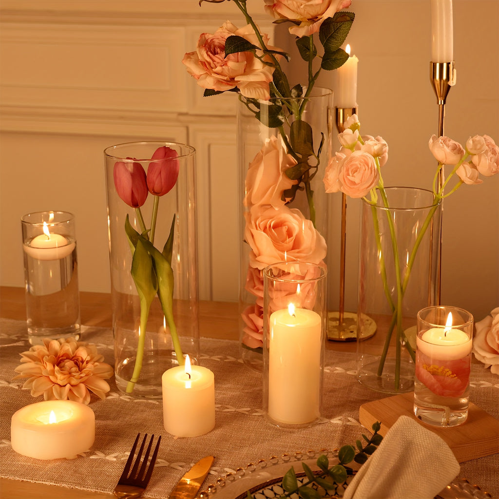 Glass Cylinder Vases Set 15/20/25/30pcs 5 Sizes – Transparent Hurricane Flower Vases for Wedding, Home, Party & Office Decor