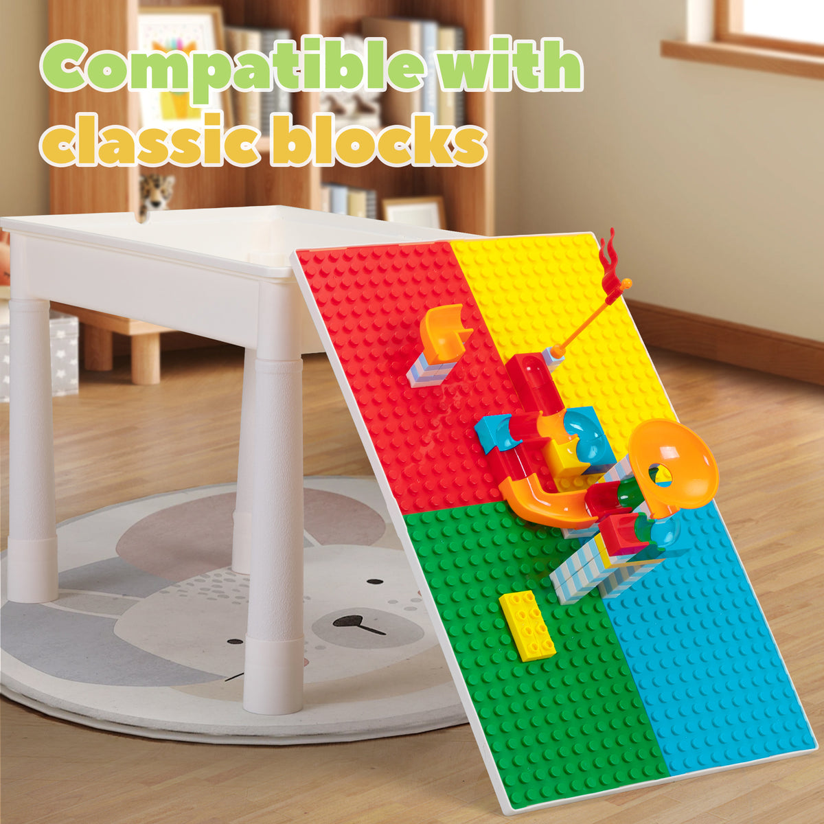 Kids Activity Table Set with 2 Chairs & 100Pcs Building Blocks – 7-in-1 Toddler Play Table, Adjustable Height, Water Sand Writing Block Table for Boys Girls Ages 3-6, STEM Learning Toy Gift
