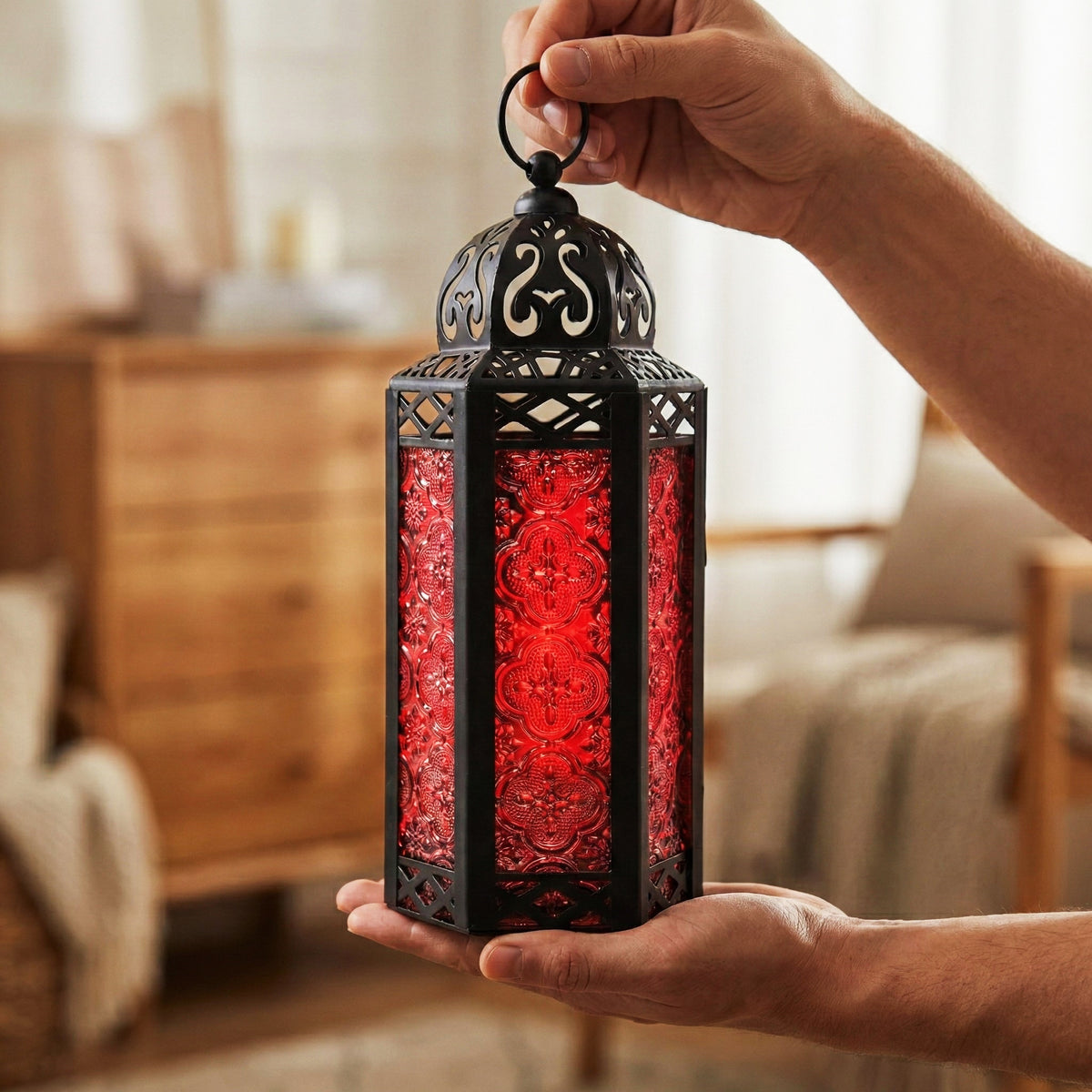 Moroccan Candle Lantern Holder Medium 10.5 Inch – Handcrafted Glass Iron Metal Lantern with Embossed Floral Panels, 17 Colors, Indoor Outdoor Use for Ramadan, Wedding, Patio, Diwali & Home Decor