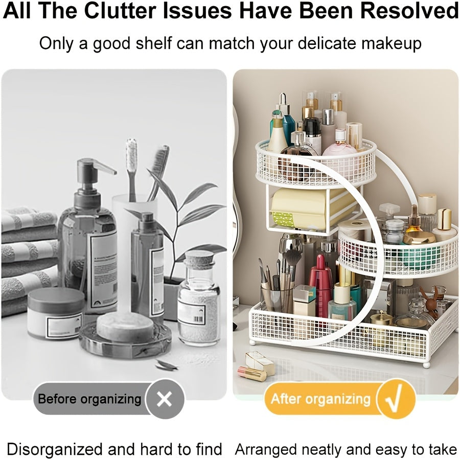 3-Tier Metal Cosmetic Organizer with Tissue Box Holder – No-Install Bathroom Countertop & Dressing Table Storage Rack, Lightweight