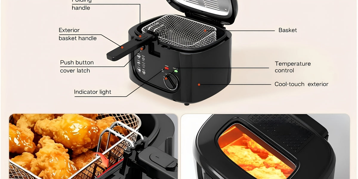1500W Electric Deep Fryer 84.54oz – Non-Stick Basket, Adjustable Temperature Control, Viewing Window & Removable Lid | Easy Clean | Black & White