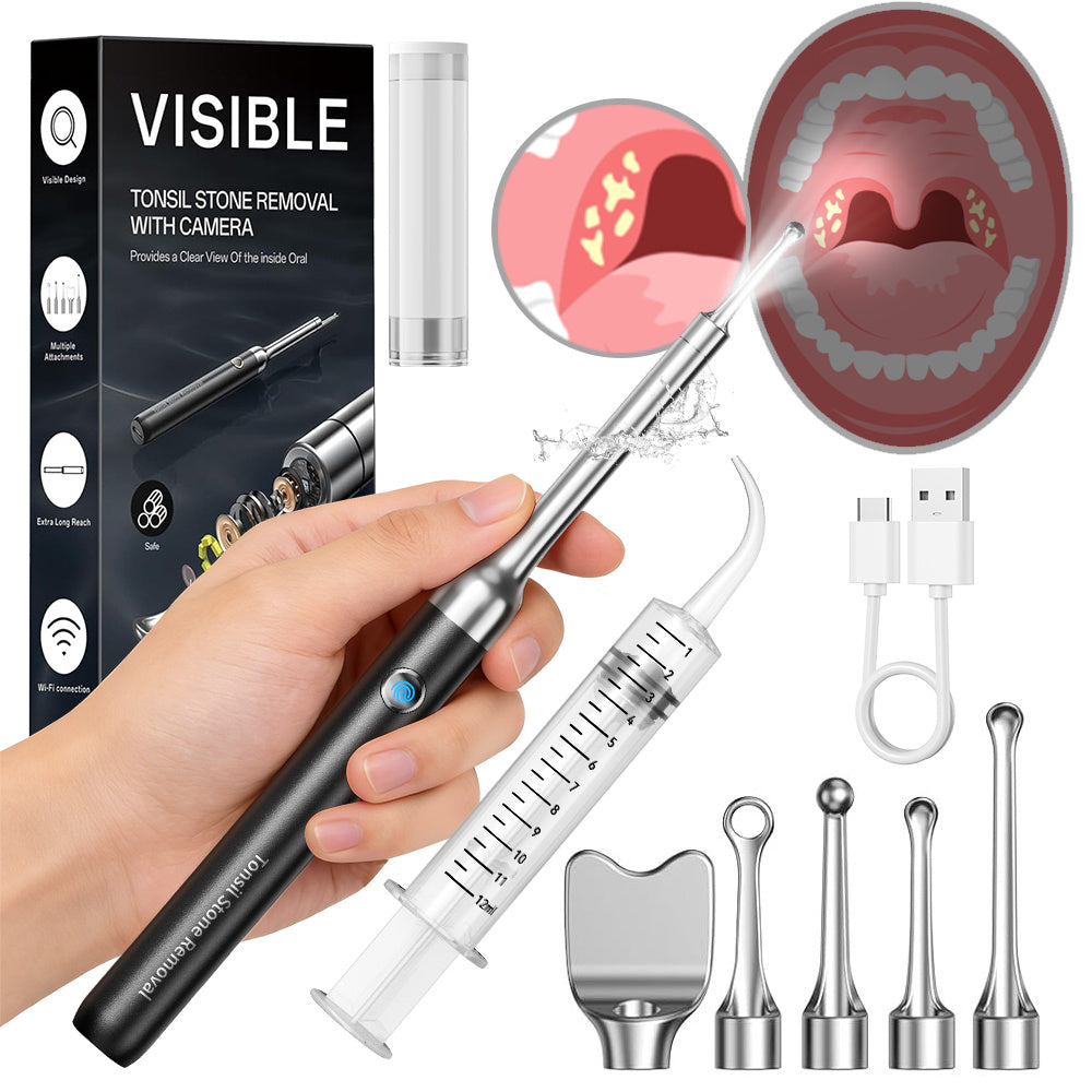 Tonsil Stone Remover with 1080P HD Camera - Visual Removal Kit 6 LED Lights 5 Stainless Tips USB Rechargeable iOS Android App Oral Care Tool
