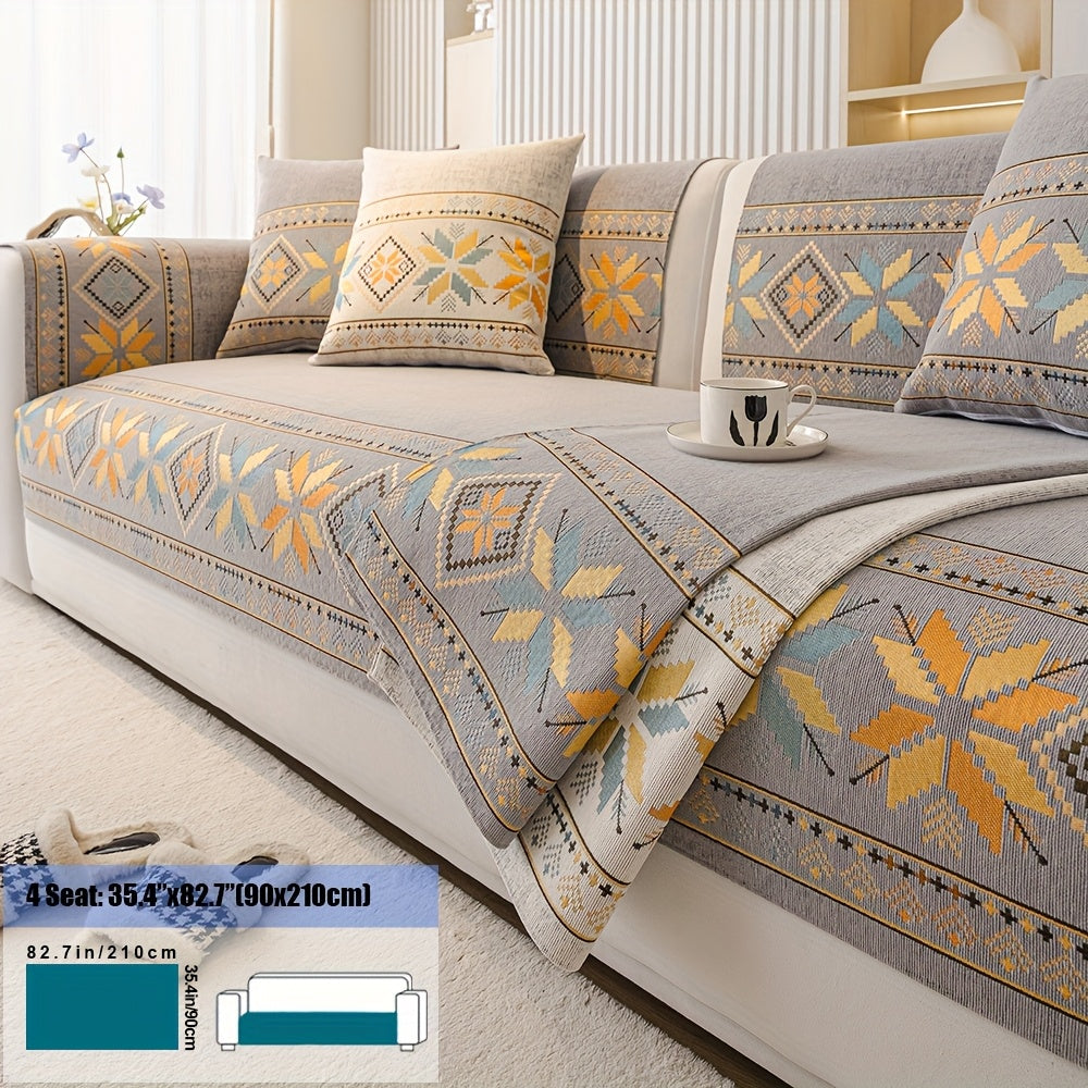 Chenille Sofa Slipcover Non-Slip Removable Couch Cover, 100% Polyester Boho Vintage Style Sofa Towel for 1 to 4-Seater Sofas & Armrests, Four Seasons Universal Home Decor in Dark Gray, Light Gray & Blue
