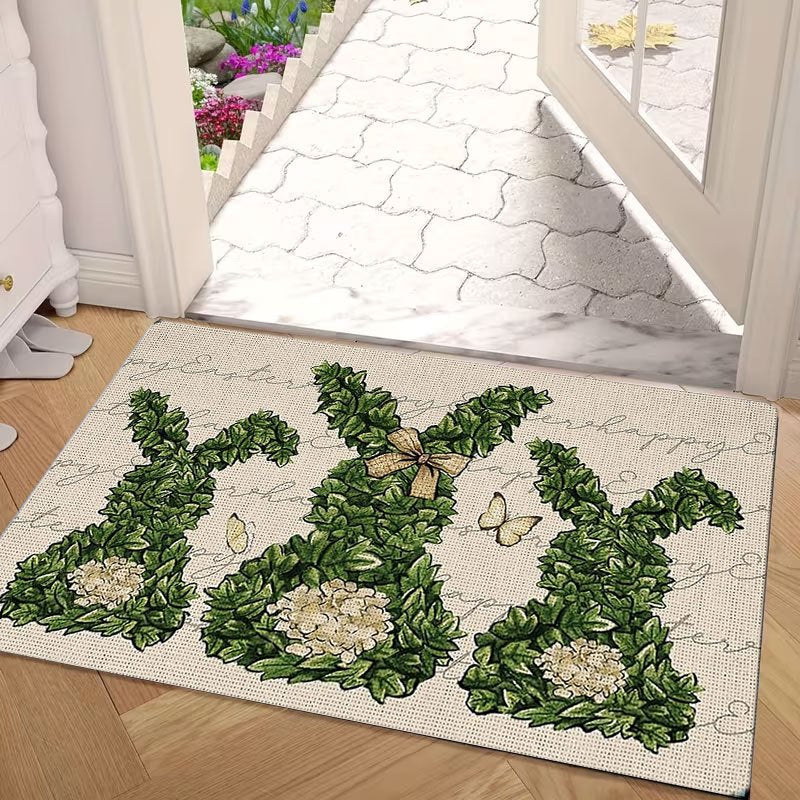 1pc Indoor Entrance Welcome Doormat Outdoor Mat Green Bunny Topiary with Bow and Butterfly Print Pattern Flannel Material Nonslip Comfortable Easy Clean Perfect for Bedroom Living Room or Home Decor Door Mat Ideal Gift for Friends & Family Easter