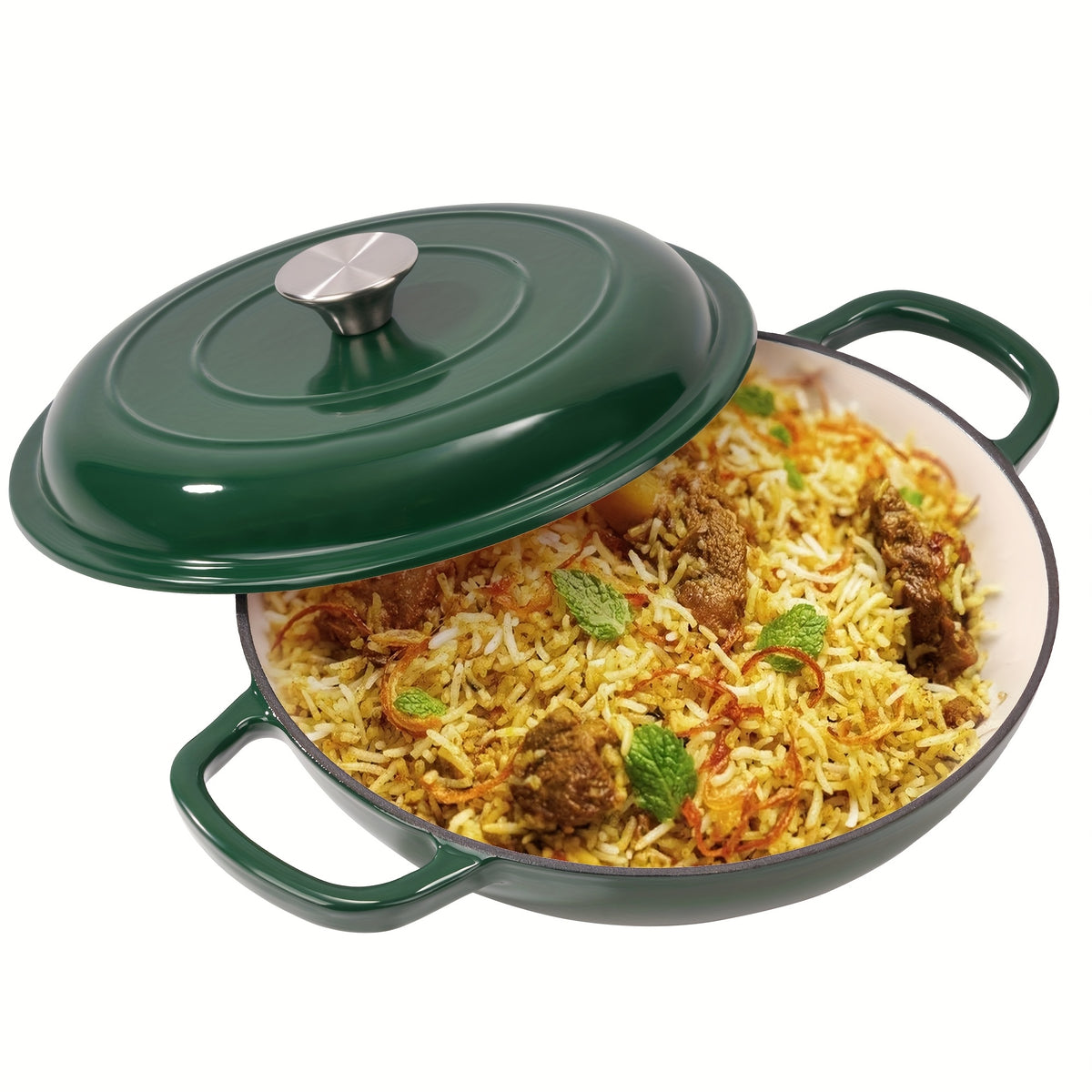 Enamel Cast Iron Dutch Oven 3QT with Lid – Shallow Wide Bottom, Double Handle, 4 Colors (Red, Blue, Green, Orange) | All Stove Types Compatible – Perfect for Cooking, Stewing & Braising