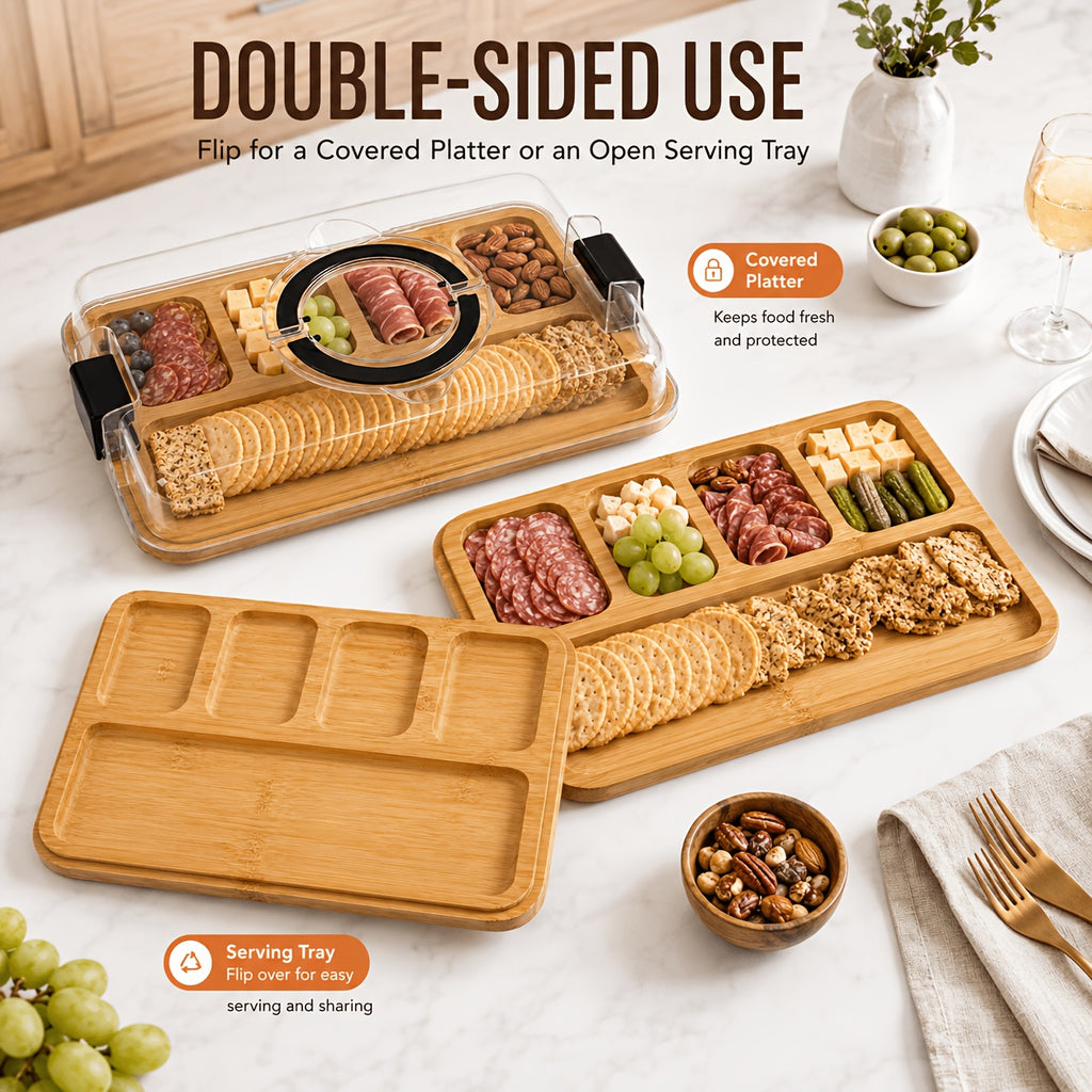 Bamboo Charcuterie Board with Clear Lid & 5 Compartments – Serving Platter Tray with Handle, Side Locks & Reusable Snack Board for Cheese, Fruit, Crackers, Appetizers, Party & Holiday Gatherings