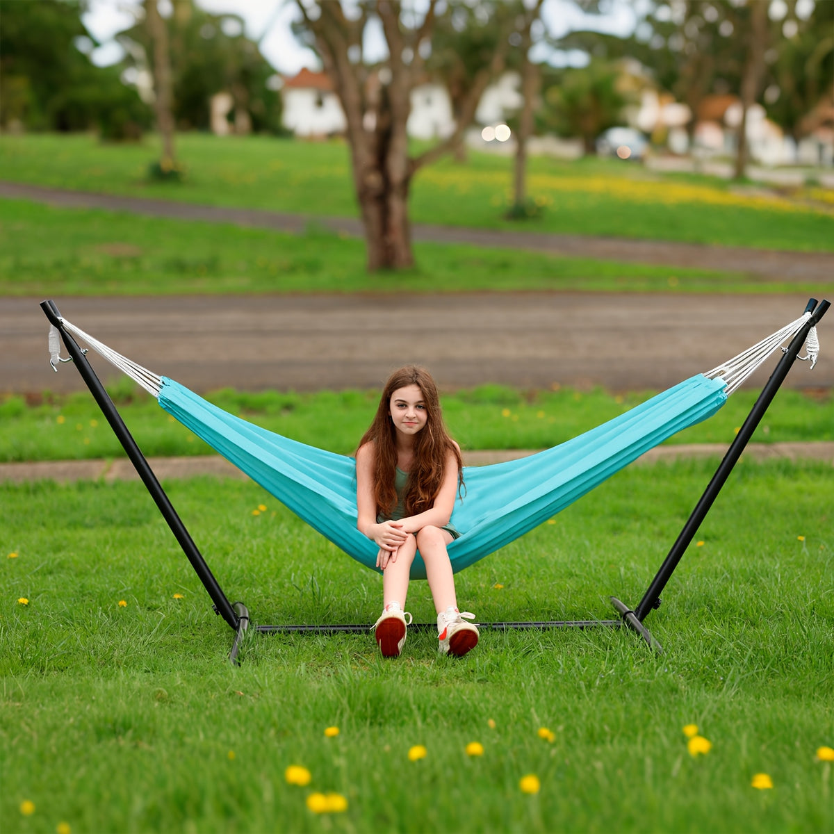 Heavy-Duty Double Hammock with Steel Stand – 450 lbs Outdoor Swing Bed, Anti-Roll Balance, Carry Bag Included, Easy Assembly, No Poles or Fillers | Tropical, Cyan & Green