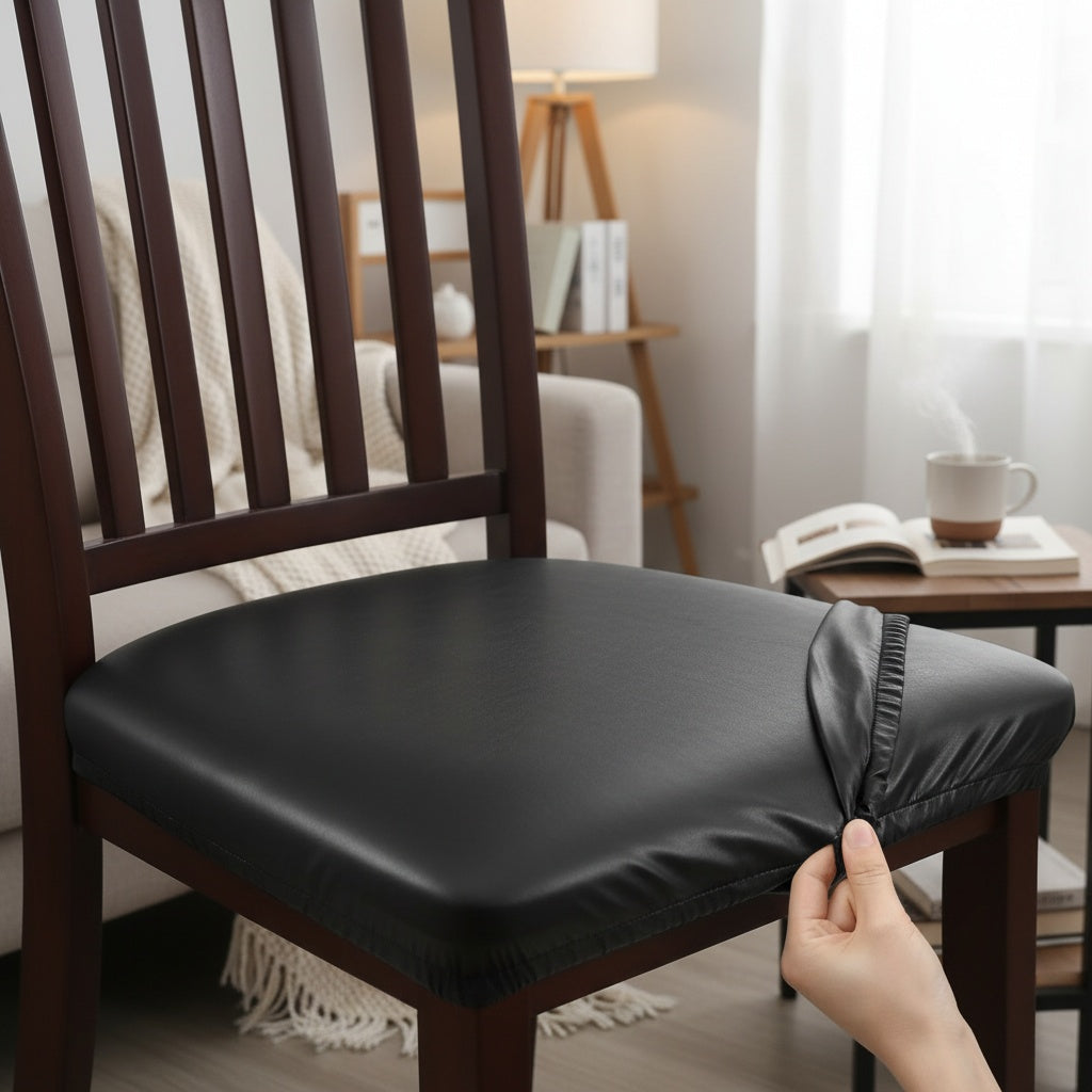 Waterproof Faux Leather Dining Chair Seat Covers 4/6 Pack – Stretch PU Fabric Removable Washable Chair Cushion Slipcovers for Dining Room Kitchen Hotel Home Decor, Hook & Loop Closure