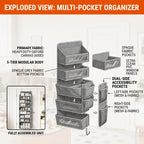 5-Shelf Over Door Hanging Organizer Non-Woven – No Drill Wall & Door Mount Storage Bag with Shelf Baskets for Bedroom, Bathroom & Closet