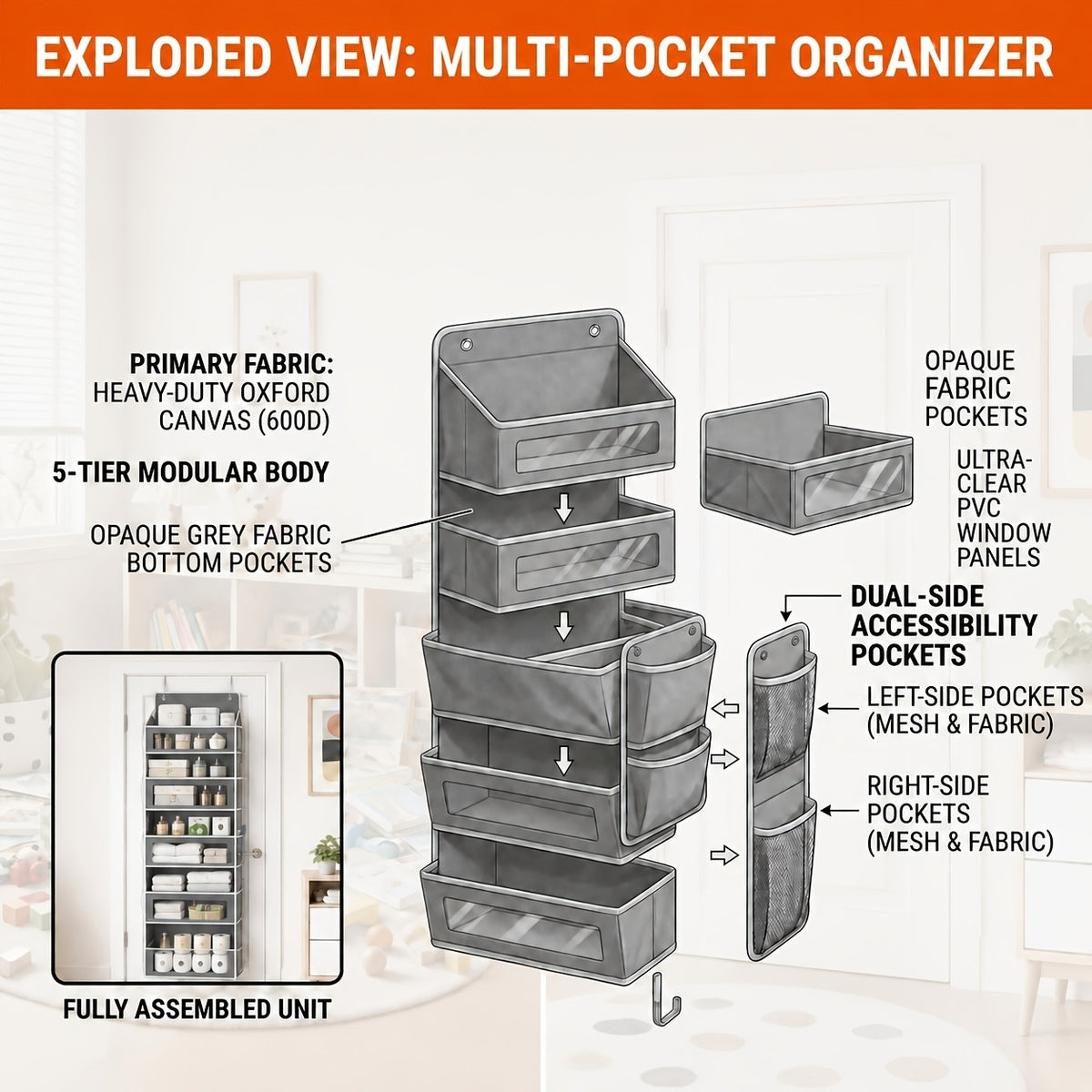 5-Shelf Over Door Hanging Organizer Non-Woven – No Drill Wall & Door Mount Storage Bag with Shelf Baskets for Bedroom, Bathroom & Closet