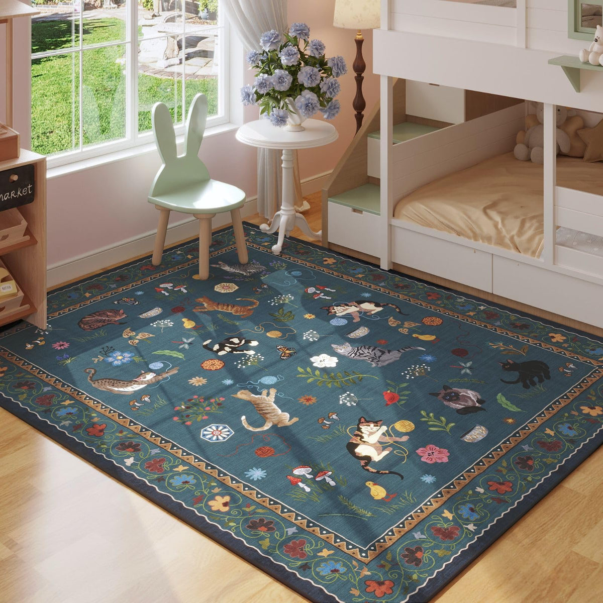Boho Cat Print Area Rug Low Pile Non-Slip Floral Vintage Indoor Carpet for Living Room Bedroom Dining Room Runner Round Large
