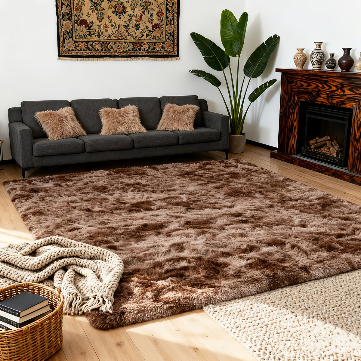 Tie-Dye Plush Shag Rug Non-Slip Machine Washable Furry Floor Carpet for Living Room Bedroom Office Multiple Sizes Tie-Dye Pink Tie-Dye Coffee