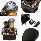 4-Tier Desktop Water Fountain with LED Lights, Decorative Bubble Balls & Natural River Stones, Indoor Tabletop Waterfall Fountain for Home & Office Relaxation, Meditation Zen Decor