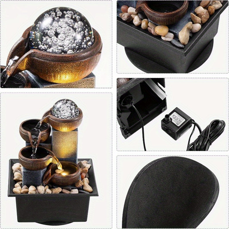 4-Tier Desktop Water Fountain with LED Lights, Decorative Bubble Balls & Natural River Stones, Indoor Tabletop Waterfall Fountain for Home & Office Relaxation, Meditation Zen Decor