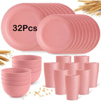 16/32-Piece Wheat Straw Dinnerware Set – Microwave & Dishwasher Safe Plates, Bowls & Cups – Lightweight Unbreakable Tableware for Family Gatherings, Birthday Parties & Camping