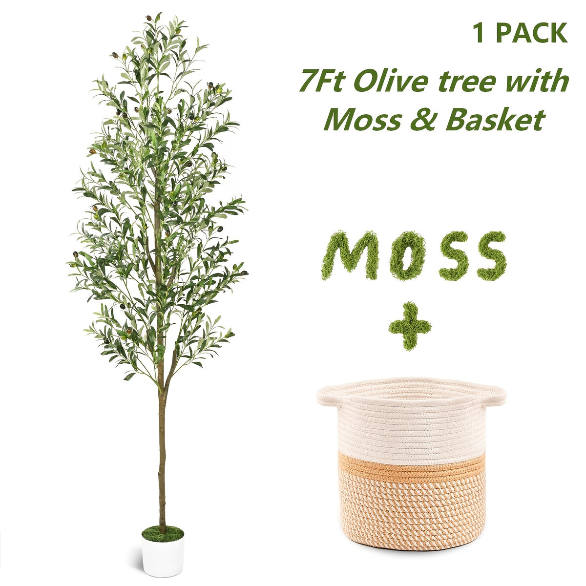 Artificial Olive Tree with Basket, Planter & Moss 5ft 6ft 7ft – Tall Indoor Fake Olive Plant with Realistic Wood Trunk, Lifelike Branches & Fruits for Office, Living Room & Spring Summer Home Decor