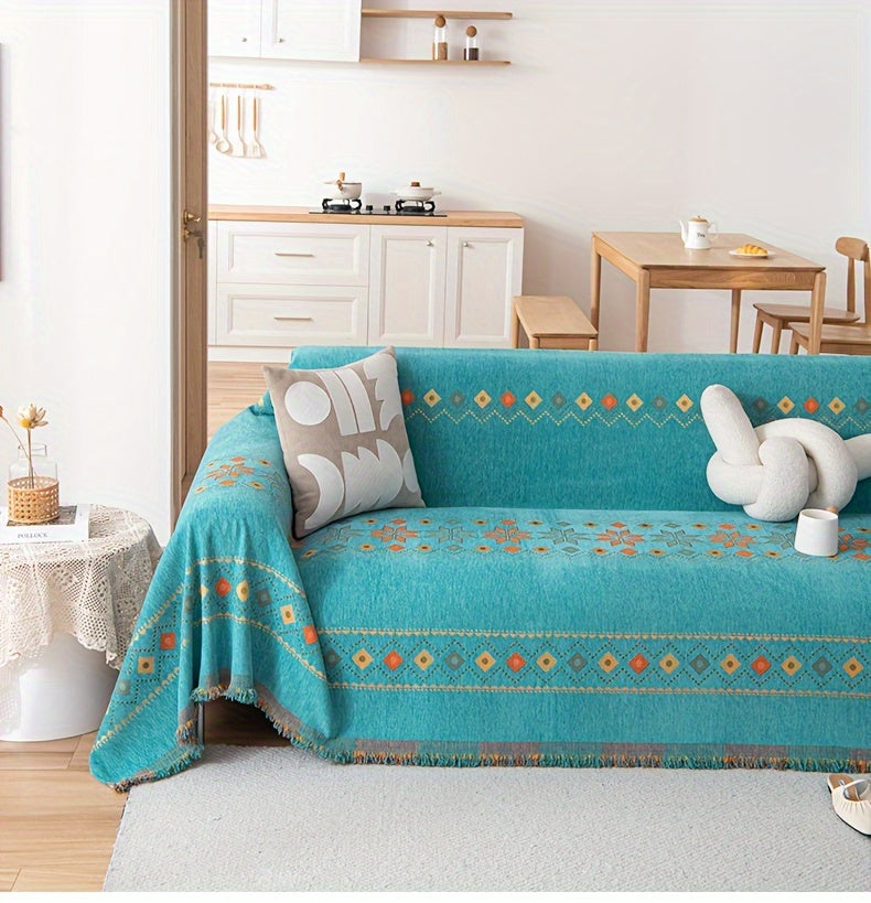 Chenille Boho Sofa Cover with Embroidered Detail – Machine Washable Slipcover for 1 2 3 4 Seater Sectional Couches, Extra Large Sizes, No Padding, 4 Colors
