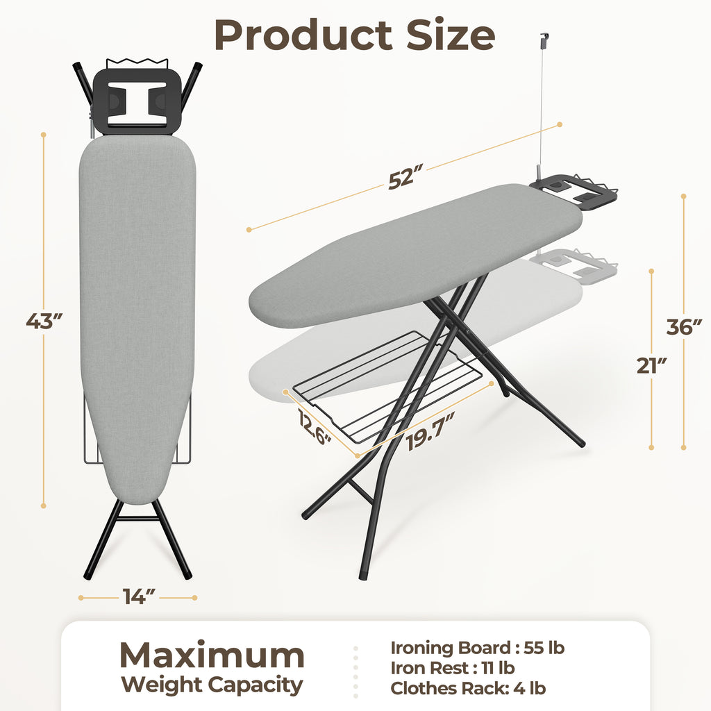 Full-Size Foldable Ironing Board Height-Adjustable – Heavy-Duty Steel Legs, 4-Layer Padding, Iron Rest, Cord Holder & Storage Rack for Laundry Room, Living Room & Dorm | Beige & Gray