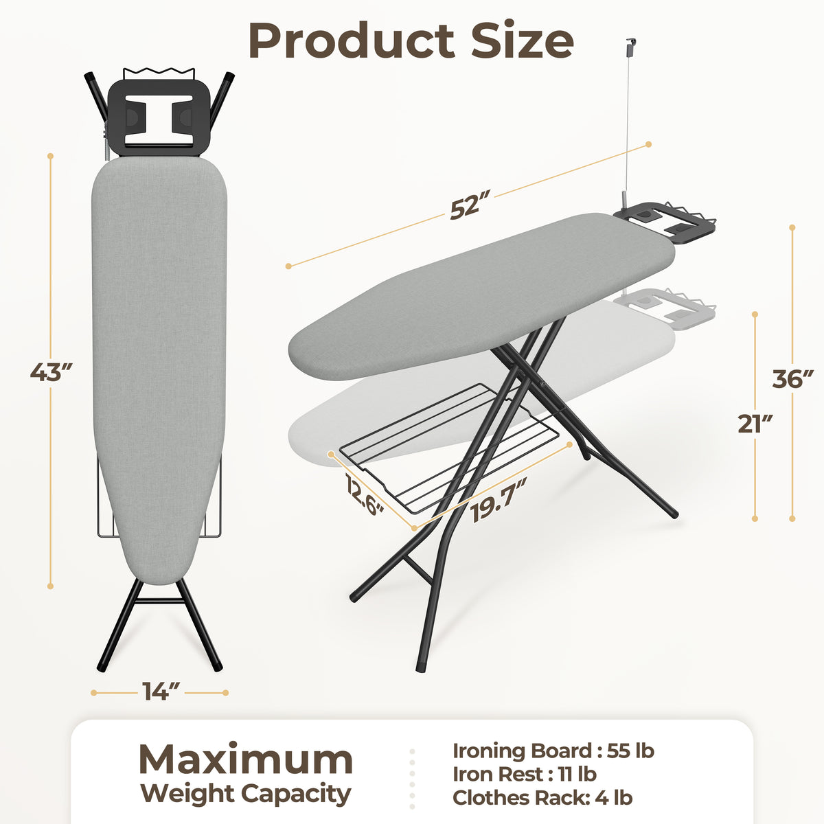 Full-Size Foldable Ironing Board Height-Adjustable – Heavy-Duty Steel Legs, 4-Layer Padding, Iron Rest, Cord Holder & Storage Rack for Laundry Room, Living Room & Dorm | Beige & Gray