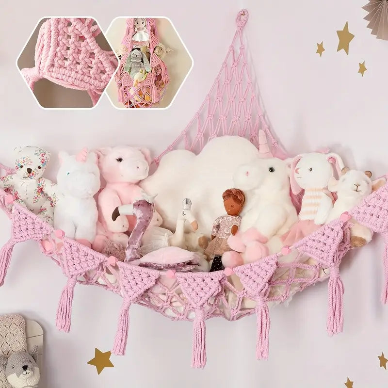 Toy Hammock Corner Net with Color Lights & Heart Tassels - Stuffed Animal Storage Net, 3 Hooks, 72x48x48in for Kids Room, Bedroom & Bathroom | Pink, Gray, White & Black